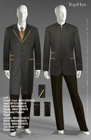 Doorman 78 - Left Frock Coat: M70158 Vest: M70214 Shirt: M90489 Pants: M80333 Tie: Gold Pattern, Right: Jacket: M80131 Shirt: M90489 Pants: M80333 Tie: Gold Pattern 