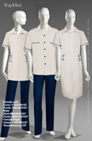 Housekeeping 107 - Female Left Tunic: F70410 Pants: F60367, Male Shirt: M60481 Pants: M80333, Female Right Dress: F50608