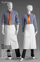RestaurantApron 9 - Male Shirt: M50416 Pants: M80333 Apron: N70864 Tie: Orange, Female Blouse: F80469 Pants: F80355 Apron: N70846 Tie: Orange
