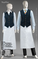 RestaurantApron 21 - Female Vest: F90218A Blouse: F40414 Pants: F90330 Apron: N70846A, Male Vest: M90202 Shirt: M90405 Pants: M80333 Apron: N70826 Tie: Multi Stripe