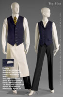 RestaurantApron 26 - Female Vest: F90218C Blouse: F770413 Pants: F90312, Male Vest: M90202H Shirt: M101010-01 Pants: M80333A Tie: Navy and Gold Stripe Apron: N70826