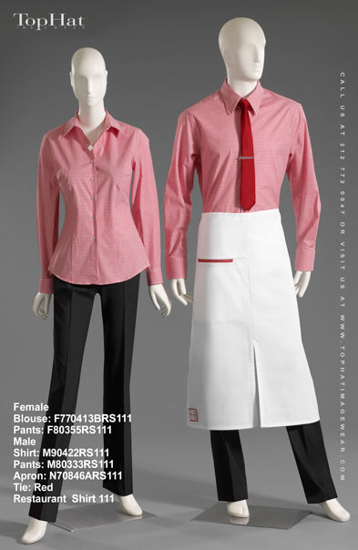 Restaurant Shirt 111 - Female Blouse: F770413B Pants: F80355, Male Shirt: M90422 Pants: M80333 Apron: N70864A Tie: Red