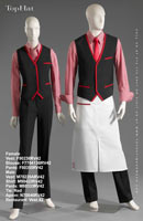 Restaurant Vest 42 - Female Vest: F90238 Blouse: F770413B Pants: F80355, Male Vest: M70220A Shirt: M90422 Pants: M80333 Tie: Red Apron: N70846